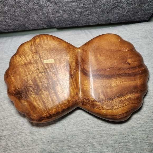 Vintage Philippines Monkey Pod Double Clam Shell Bowl, Woven Rattan Handle 14x9 - Picture 5 of 8